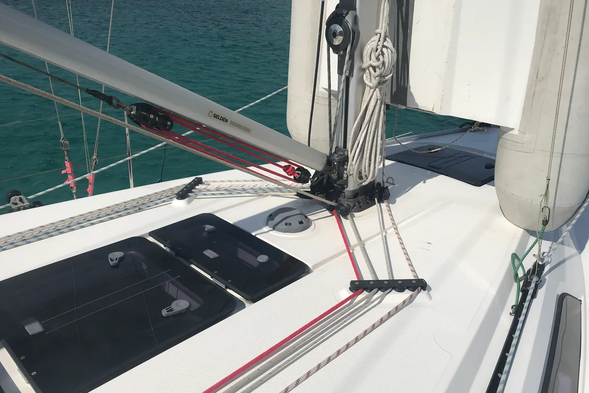 Deck of Elnath, a Bavaria Cruiser 37 sailboat at Olbia, Italy