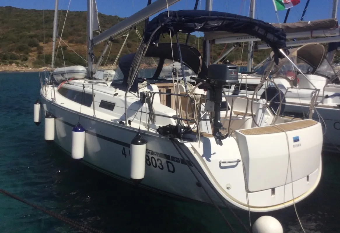 Exterior view of Elnath, a Bavaria Cruiser 37 sailboat at Olbia, Italy
