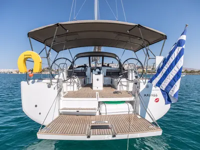 Cockpit of Mad Kiss, a Jeanneau Sun Odyssey 490 sailboat at Lavreotiki Municipal Unit, Greece