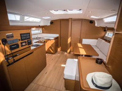 Salon of Mad Kiss, a Jeanneau Sun Odyssey 490 sailboat at Lavreotiki Municipal Unit, Greece