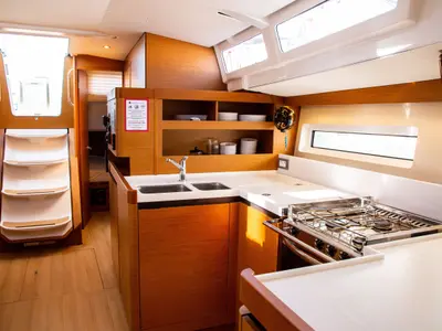 Galley of Mad Kiss, a Jeanneau Sun Odyssey 490 sailboat at Lavreotiki Municipal Unit, Greece