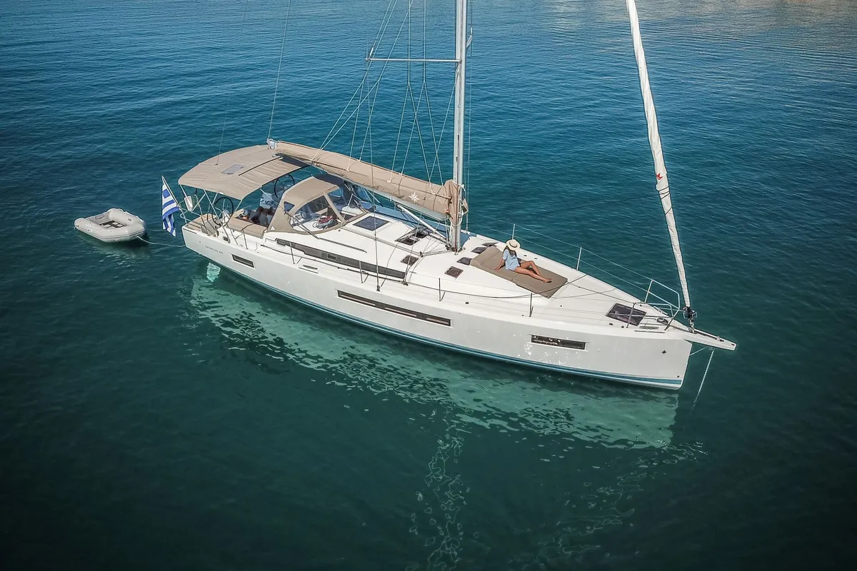 Mad Kiss, a Jeanneau Sun Odyssey 490 sailboat at Lavreotiki Municipal Unit, Greece