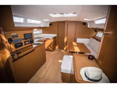 Salon of Mad Kiss, a Jeanneau Sun Odyssey 490 sailboat at Lavreotiki, Greece