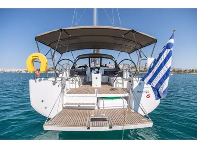 Deck of Mad Kiss, a Jeanneau Sun Odyssey 490 sailboat at Lavreotiki, Greece