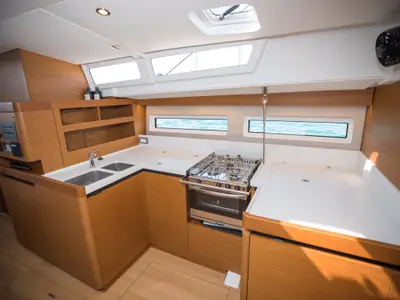 Galley of Mad Kiss, a Jeanneau Sun Odyssey 490 sailboat at Lavreotiki, Greece