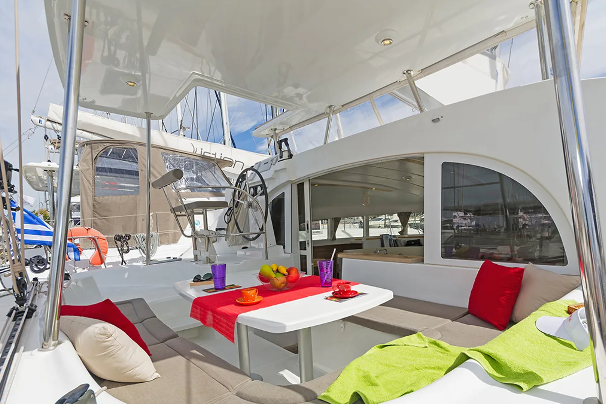 Deck of Bellevue, a Lagoon 380 catamaran at Athens, Greece