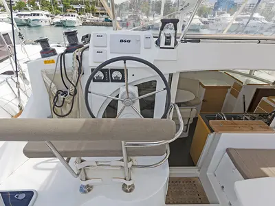 Cockpit of Bellevue, a Lagoon 380 catamaran at Athens, Greece