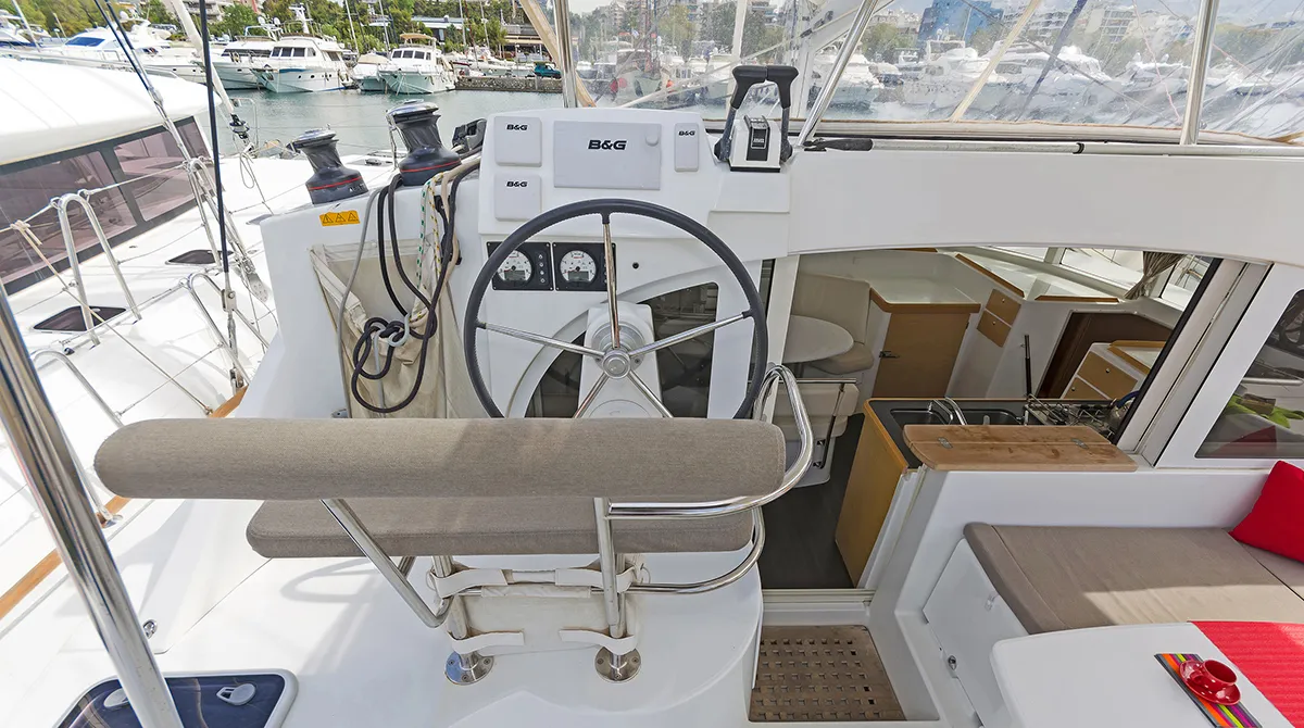 Cockpit of Bellevue, a Lagoon 380 catamaran at Athens, Greece