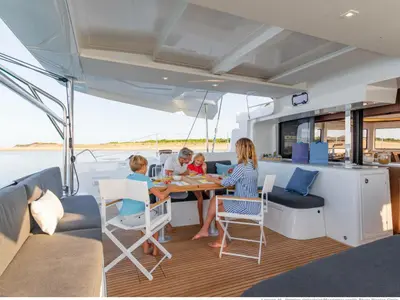 Deck of Bula, a Lagoon 46 catamaran at Bonifacio / Bunifaziu, France