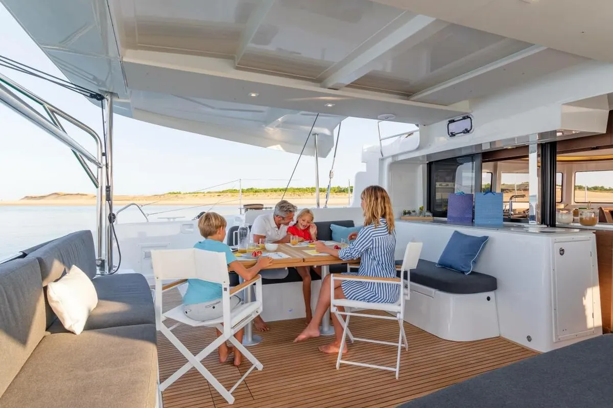 Deck of Bula, a Lagoon 46 catamaran at Bonifacio / Bunifaziu, France