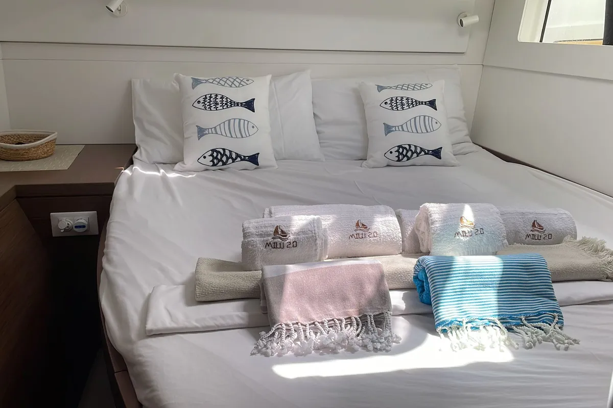 Cabin on Milu 2.0, a Lagoon 40 catamaran at Palermo, Italy