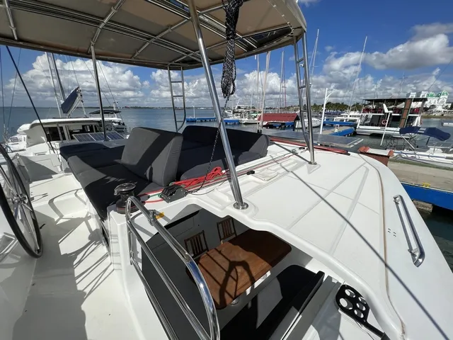 Cockpit of Sol Griso, a Lagoon 46 catamaran at Cienfuegos, Cuba