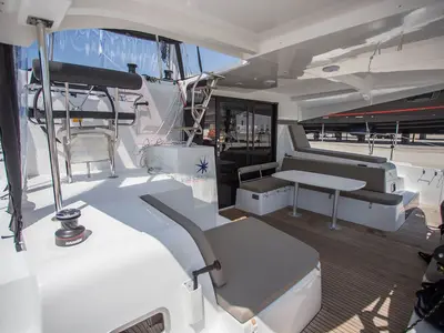 Deck of La Colombe 447/2025, a Lagoon 42 catamaran at Palma de Mallorca, Spain