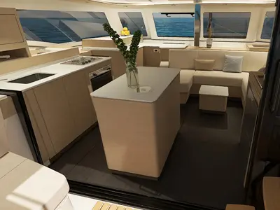 Galley of Selah Vie, a Fountaine Pajot FP 44 Quatuor catamaran at Charlotte Amalie, United States