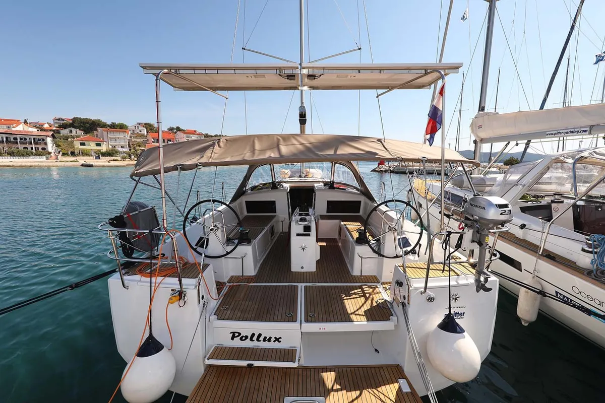 Exterior view of Pollux, a Jeanneau Sun Odyssey 490 sailboat at Grad Trogir, Croatia