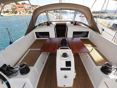 Cockpit of Pollux, a Jeanneau Sun Odyssey 490 sailboat at Grad Trogir, Croatia