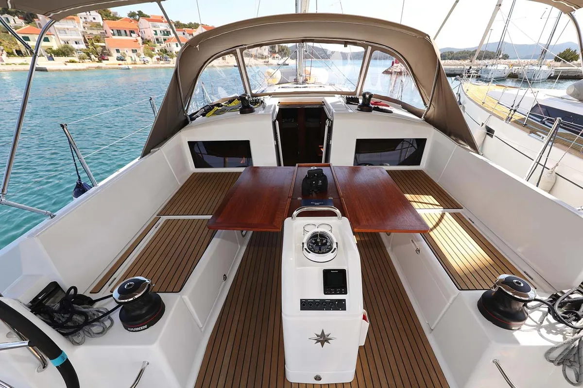 Cockpit of Pollux, a Jeanneau Sun Odyssey 490 sailboat at Grad Trogir, Croatia