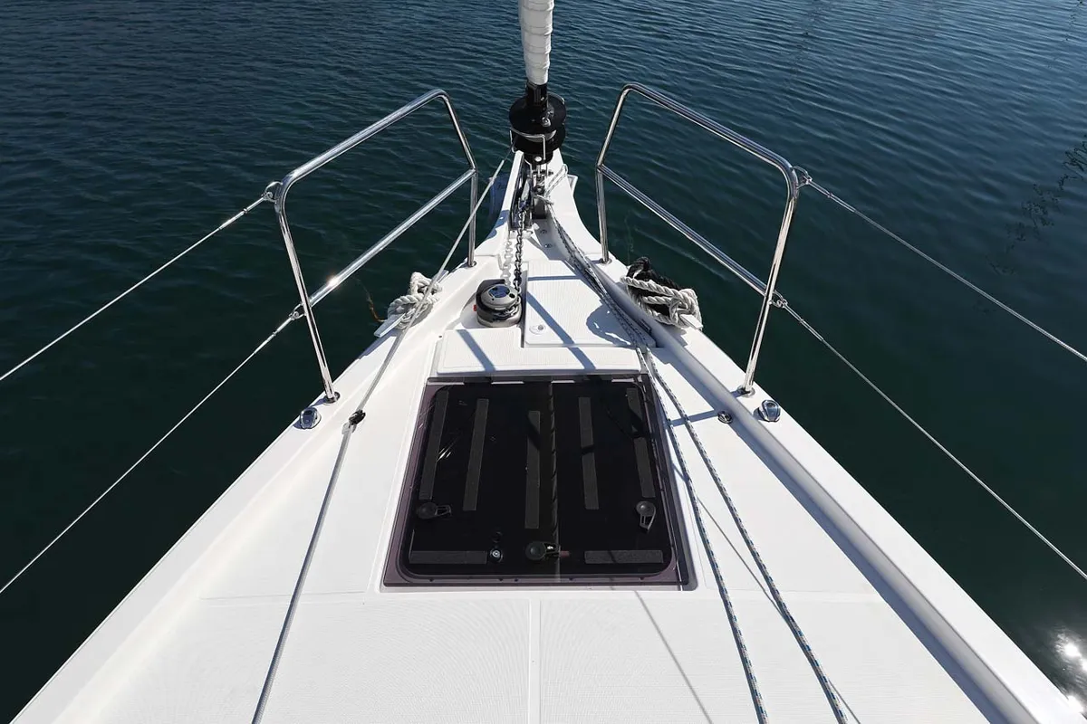 Deck of Pollux, a Jeanneau Sun Odyssey 490 sailboat at Grad Trogir, Croatia