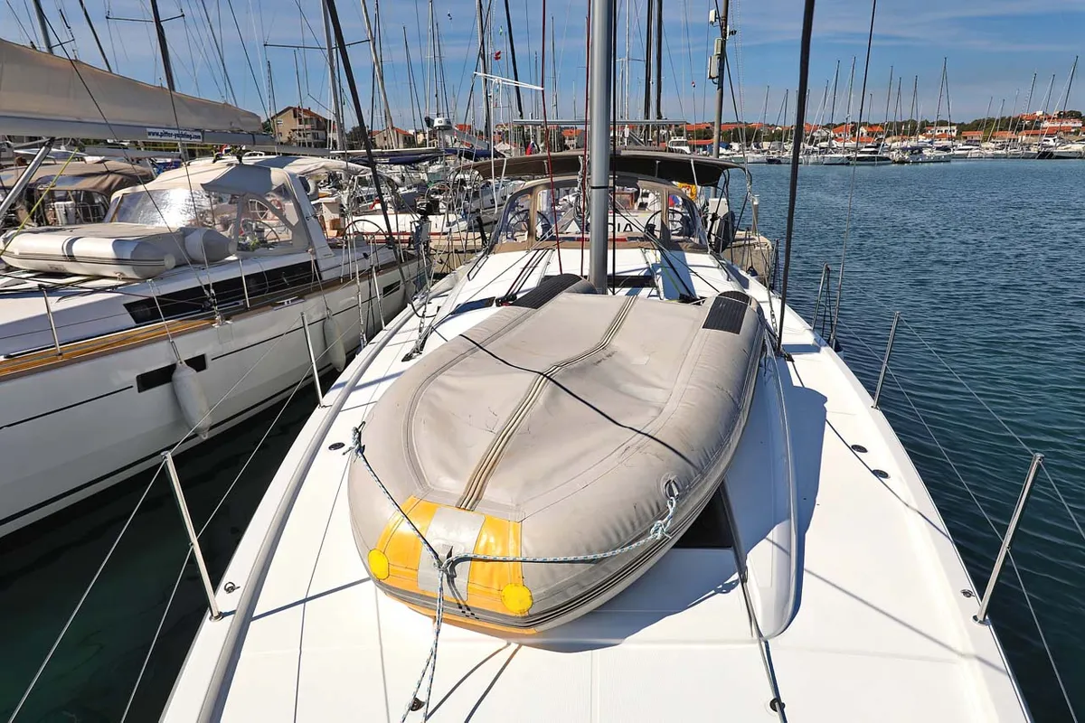 Deck of Pollux, a Jeanneau Sun Odyssey 490 sailboat at Grad Trogir, Croatia