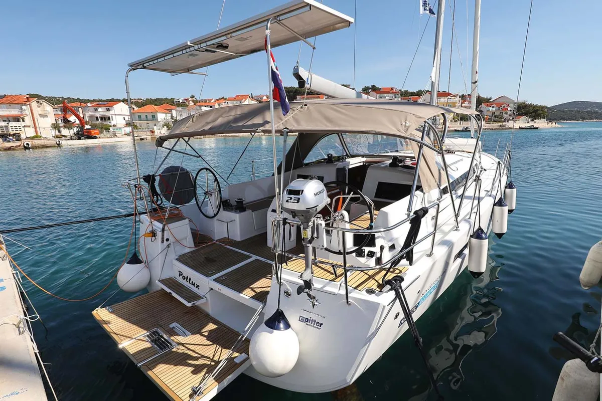 Exterior view of Pollux, a Jeanneau Sun Odyssey 490 sailboat at Grad Trogir, Croatia