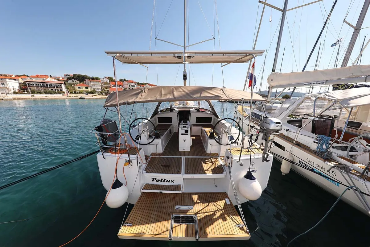 Exterior view of Pollux, a Jeanneau Sun Odyssey 490 sailboat at Grad Trogir, Croatia