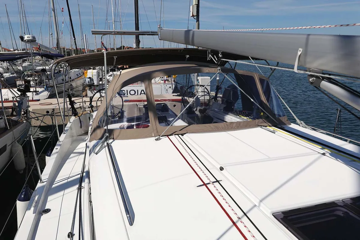Deck of Pollux, a Jeanneau Sun Odyssey 490 sailboat at Grad Trogir, Croatia