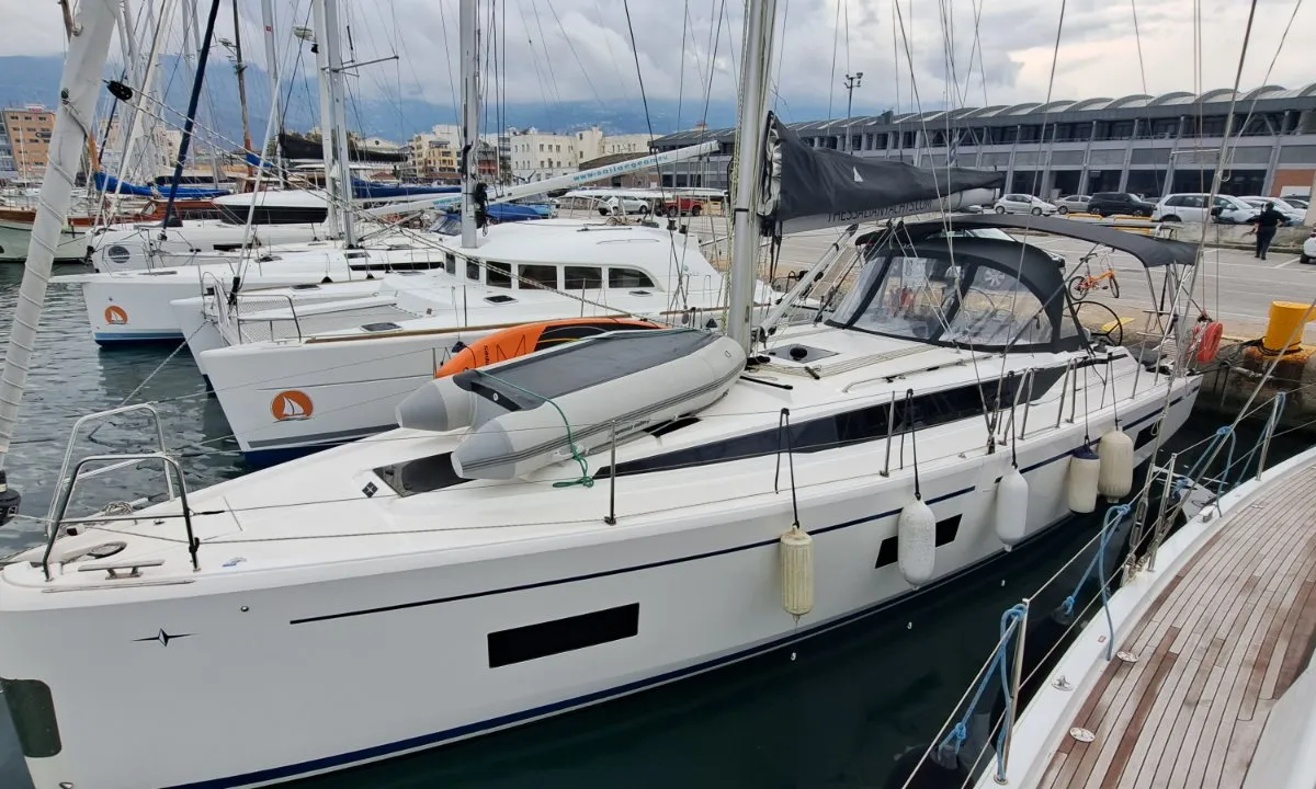 Exterior view of Nirvana, a Bavaria C42 sailboat at Volos, Greece