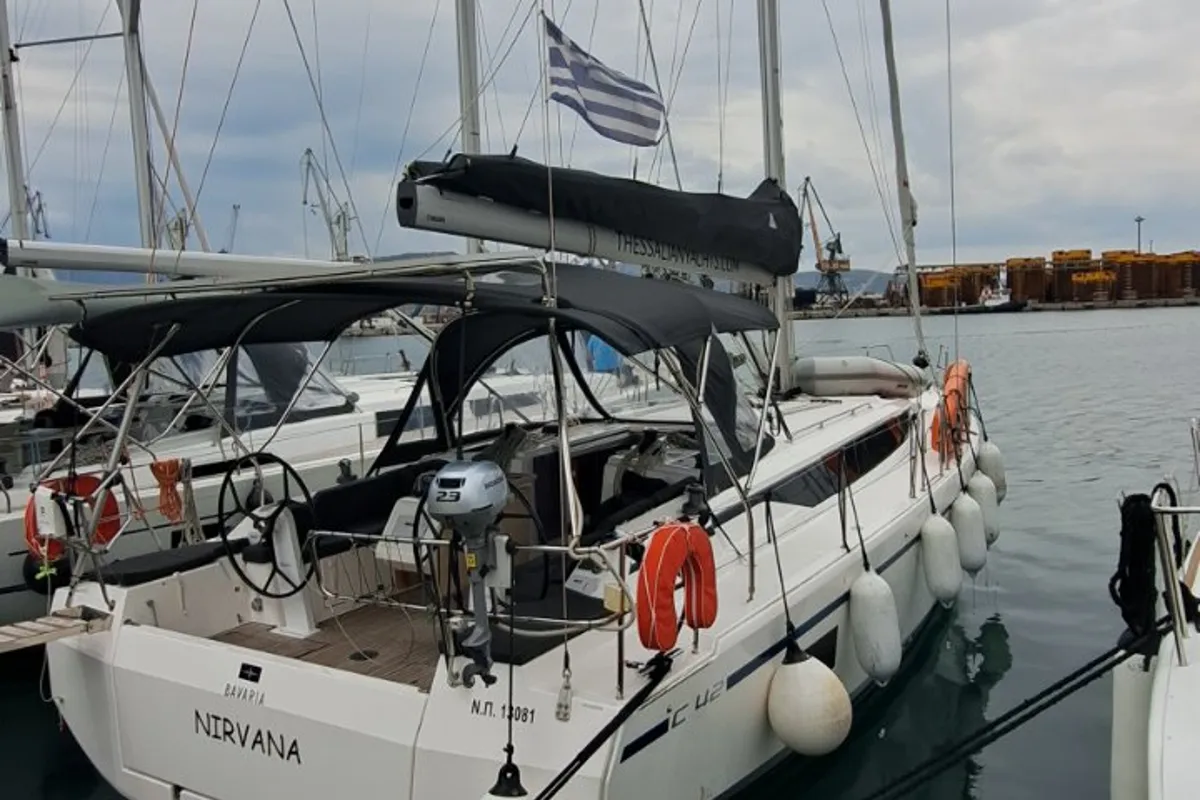 Exterior view of Nirvana, a Bavaria C42 sailboat at Volos, Greece