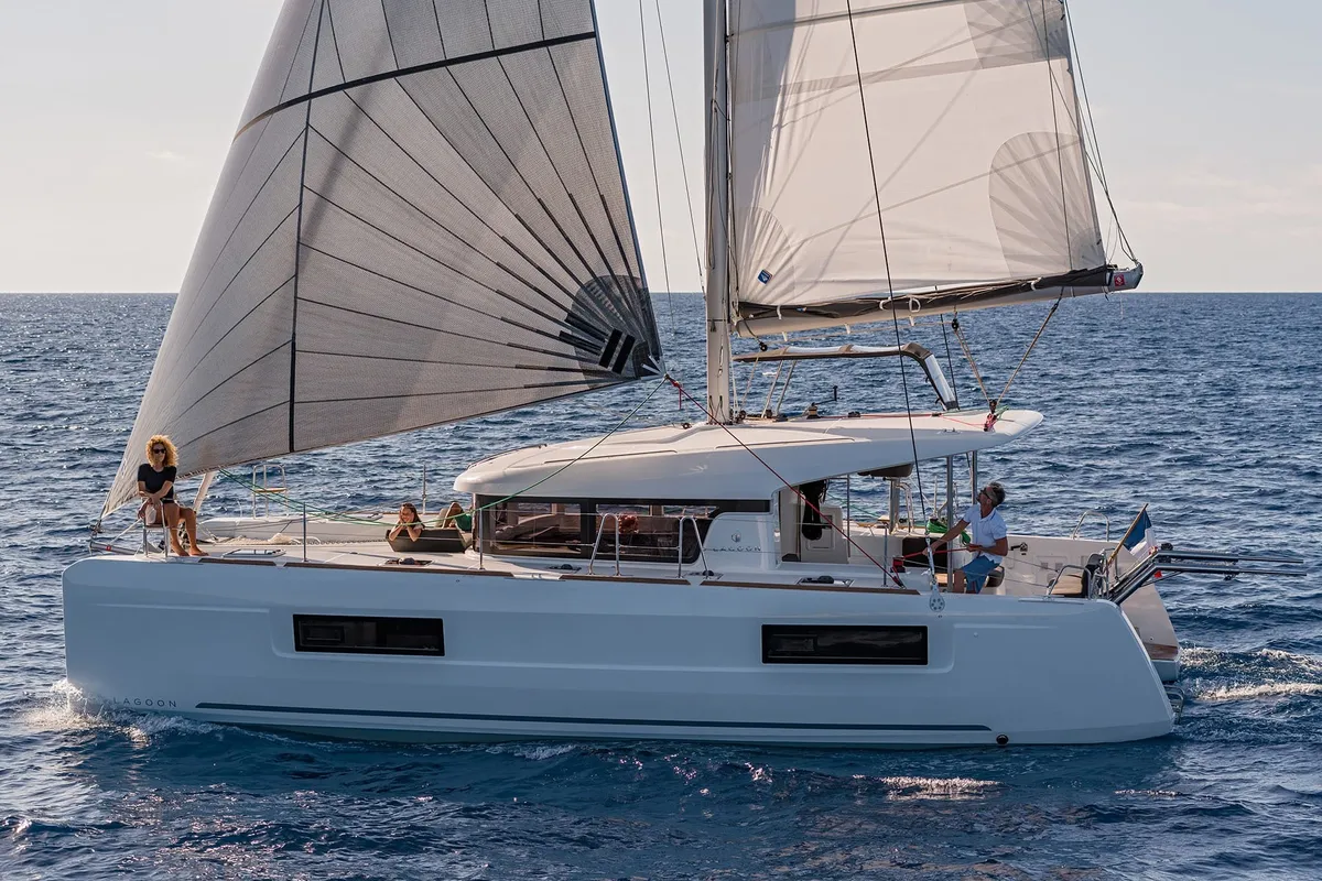 Exterior view of Ioli II, a Lagoon 40 catamaran at Athens, Greece