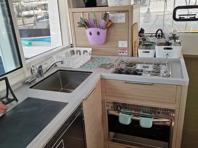 Galley of Ioli II, a Lagoon 40 catamaran at Athens, Greece