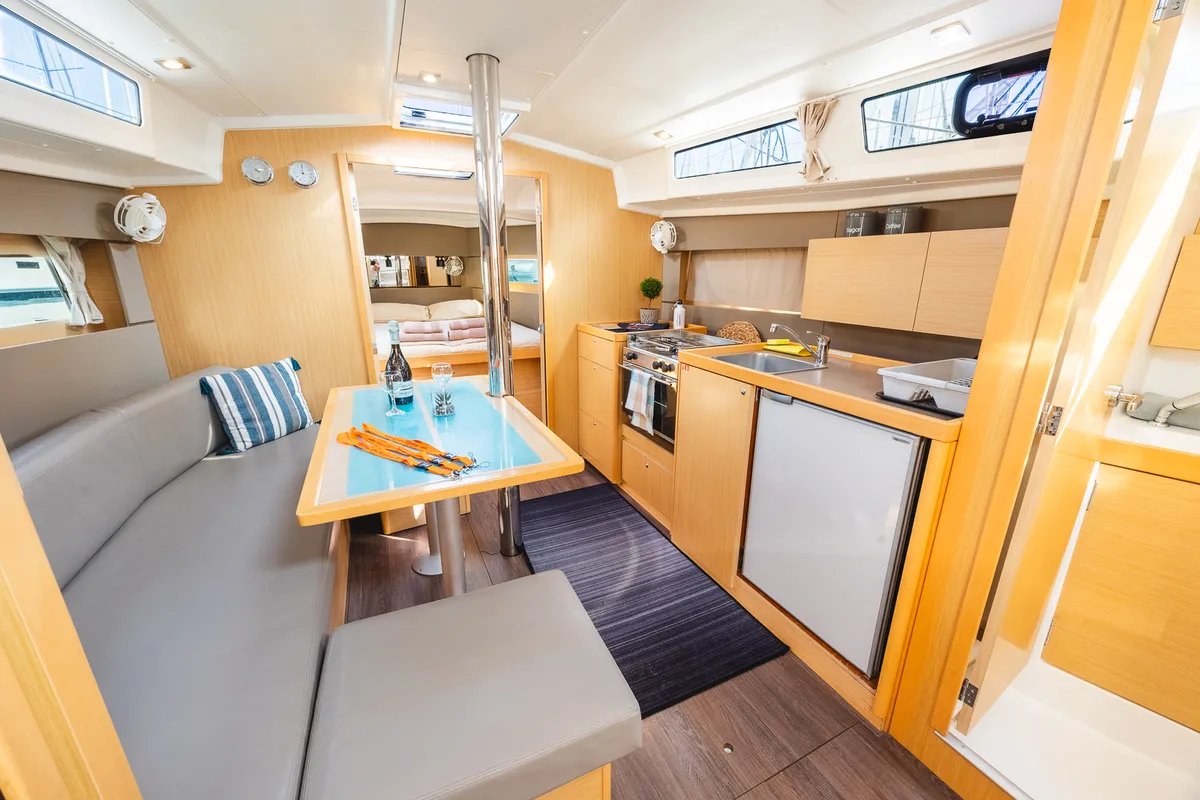 Salon of Elisa, a Beneteau Oceanis 38.1 sailboat at Municipal Unit of Lefkada, Greece
