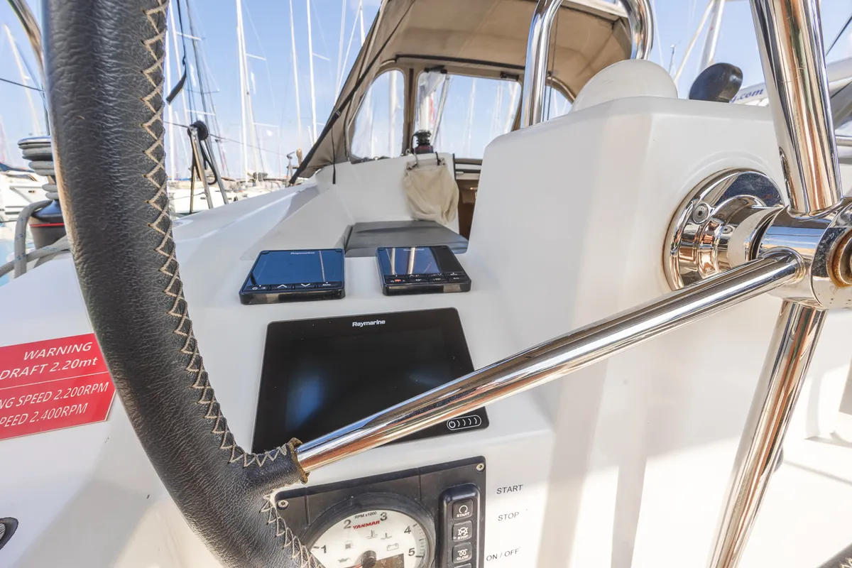 Cockpit of Elisa, a Beneteau Oceanis 38.1 sailboat at Municipal Unit of Lefkada, Greece