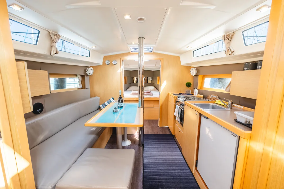 Salon of Elisa, a Beneteau Oceanis 38.1 sailboat at Municipal Unit of Lefkada, Greece