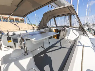Deck of Elisa, a Beneteau Oceanis 38.1 sailboat at Municipal Unit of Lefkada, Greece