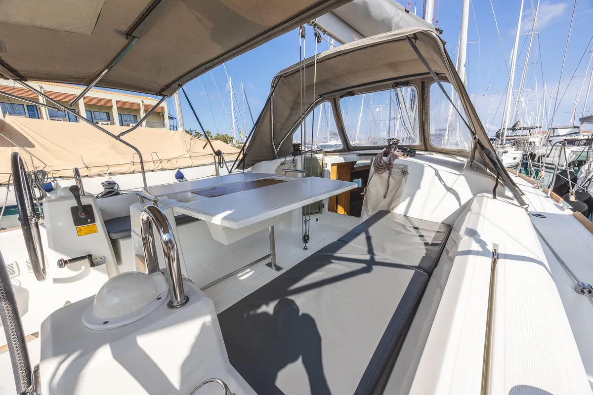 Deck of Elisa, a Beneteau Oceanis 38.1 sailboat at Municipal Unit of Lefkada, Greece