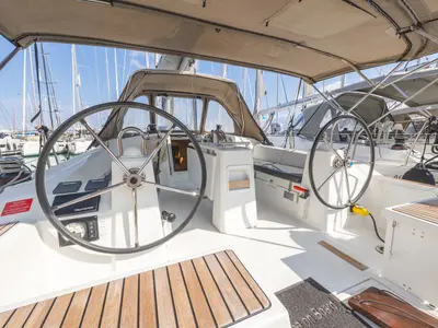 Cockpit of Elisa, a Beneteau Oceanis 38.1 sailboat at Municipal Unit of Lefkada, Greece