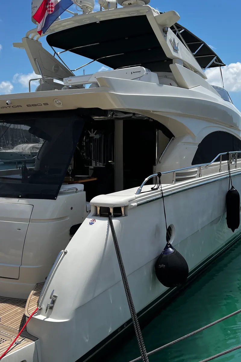 Exterior view of Quo Vadis, a Dominator 680 motor yacht at Grad Šibenik, Croatia