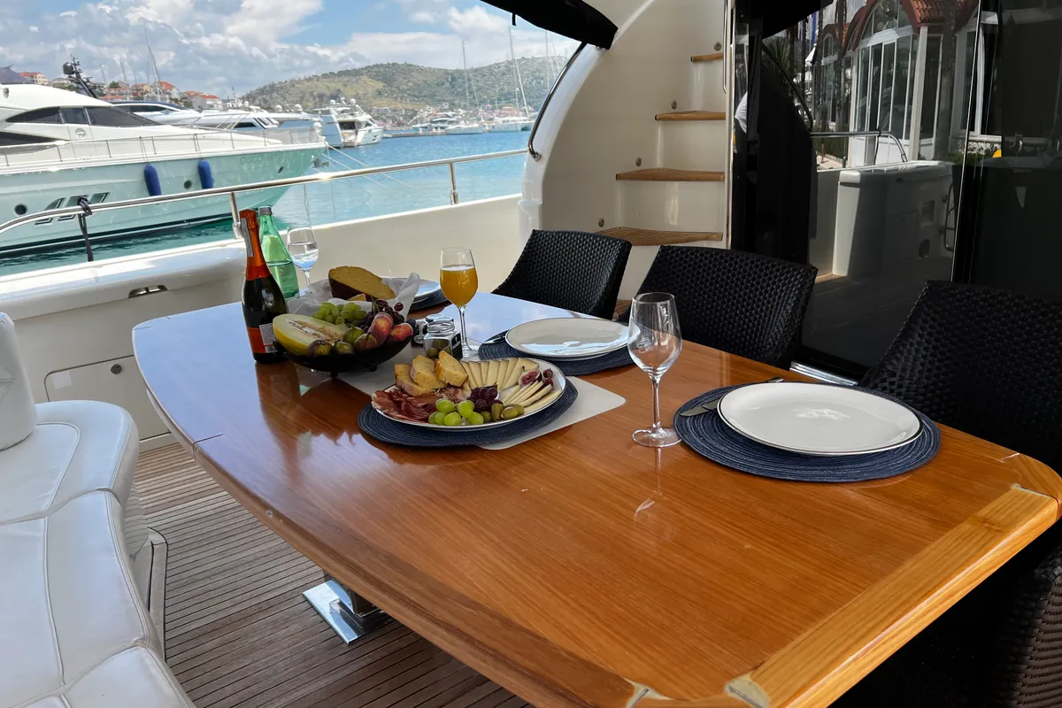 Deck of Quo Vadis, a Dominator 680 motor yacht at Grad Šibenik, Croatia