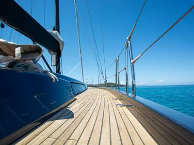 Deck of Kind Of Blue, a Hanse 575 sailboat at Olbia, Italy