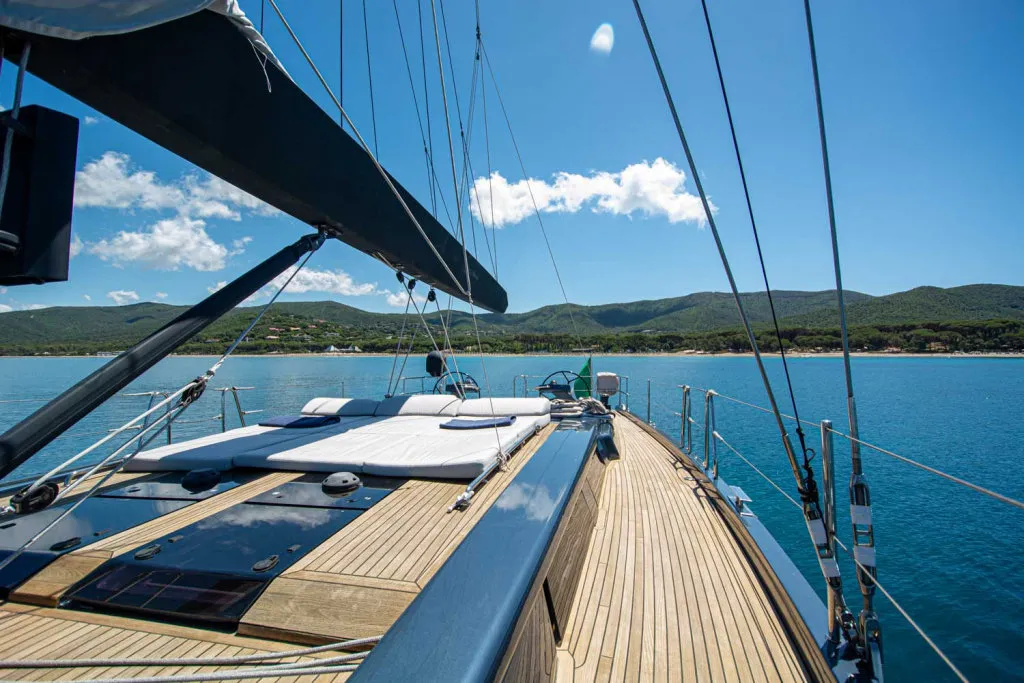 Deck of Kind Of Blue, a Hanse 575 sailboat at Olbia, Italy
