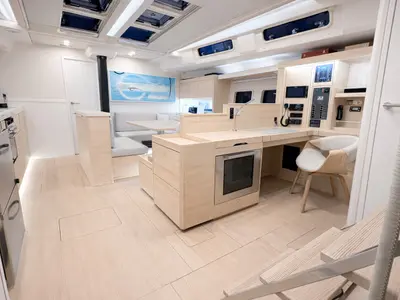 Salon of Kind Of Blue, a Hanse 575 sailboat at Olbia, Italy