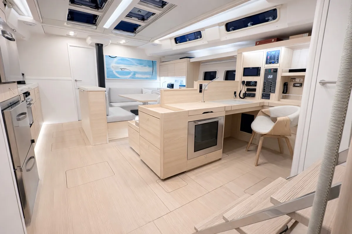 Salon of Kind Of Blue, a Hanse 575 sailboat at Olbia, Italy
