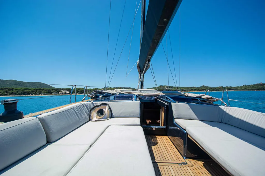 Deck of Kind Of Blue, a Hanse 575 sailboat at Olbia, Italy
