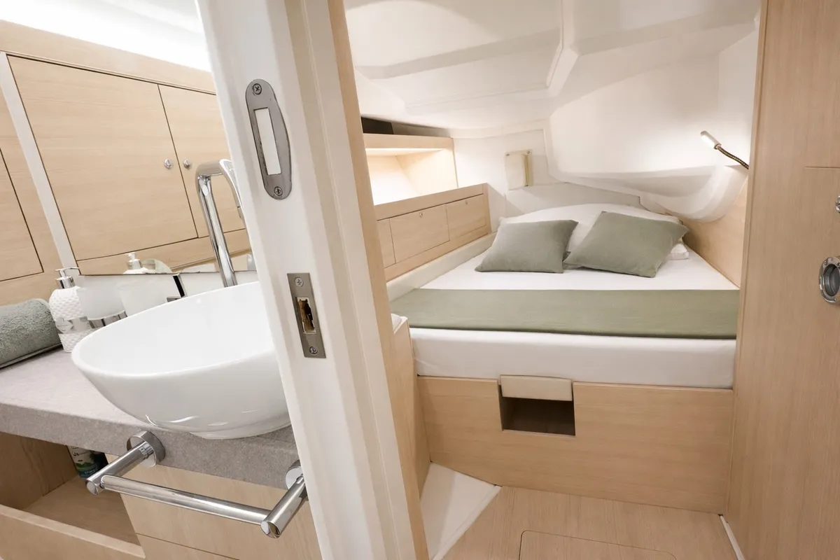 Cabin on Kind Of Blue, a Hanse 575 sailboat at Olbia, Italy