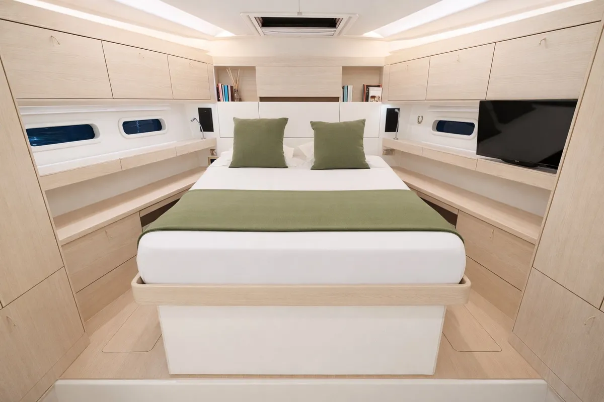 Cabin on Kind Of Blue, a Hanse 575 sailboat at Olbia, Italy