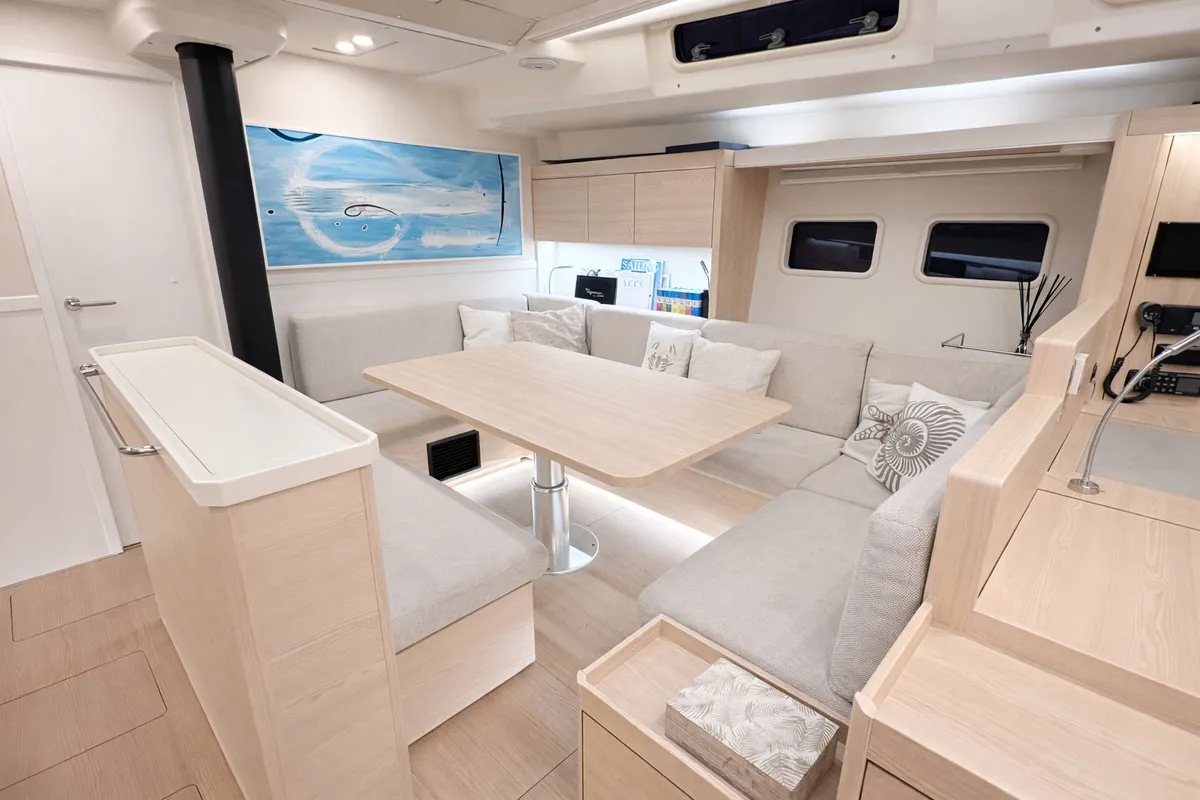 Salon of Kind Of Blue, a Hanse 575 sailboat at Olbia, Italy