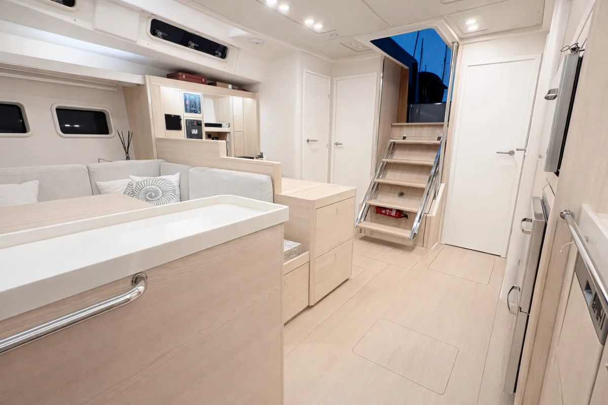 Salon of Kind Of Blue, a Hanse 575 sailboat at Olbia, Italy