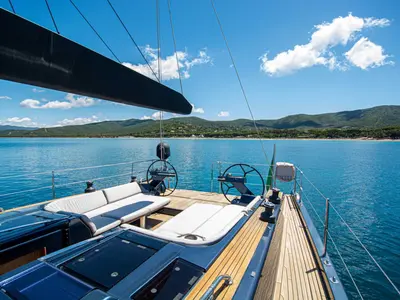 Cockpit of Kind Of Blue, a Hanse 575 sailboat at Olbia, Italy