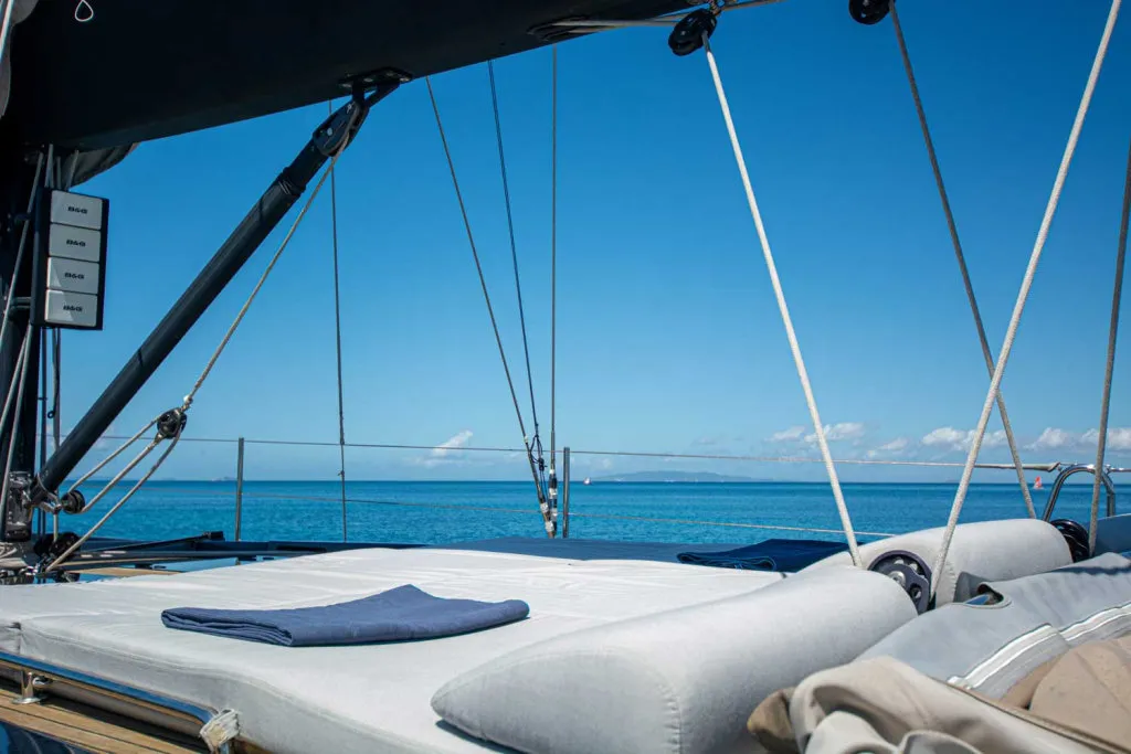 Deck of Kind Of Blue, a Hanse 575 sailboat at Olbia, Italy