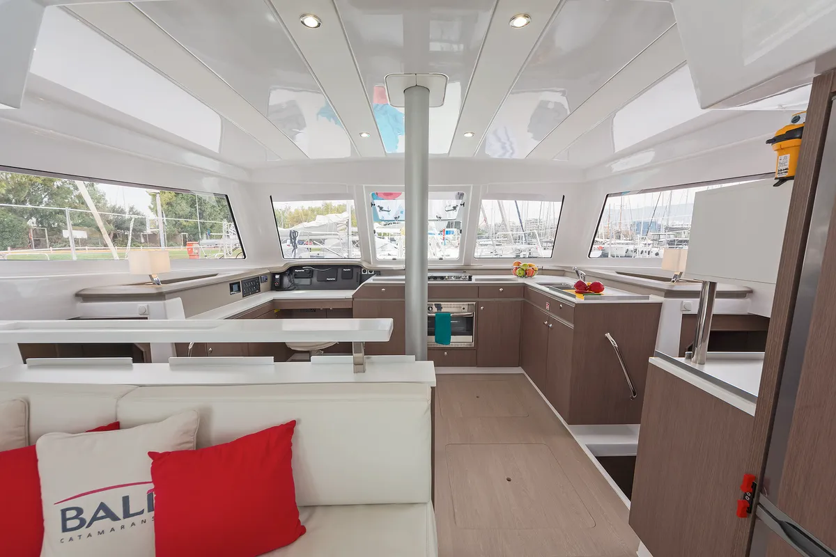 Galley of Phoenix, a Bali Catspace catamaran at Municipal Unit of Lefkada, Greece